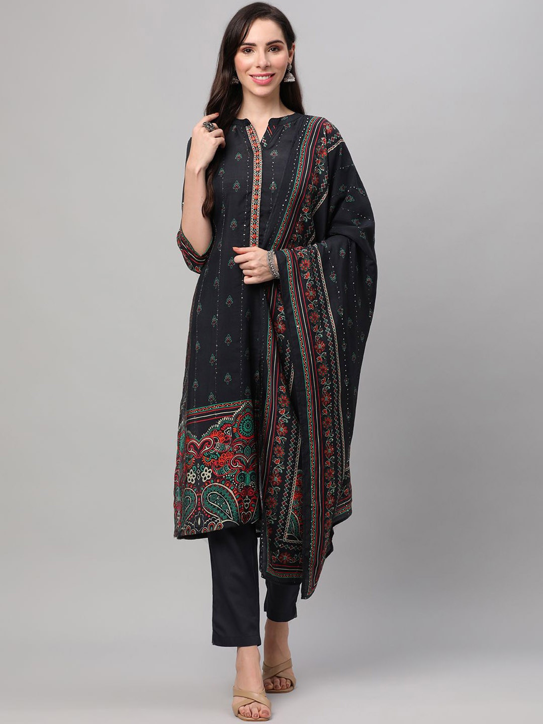 

Shree Paisley Printed Liva Straight Kurta & Trousers With Dupatta, Navy blue
