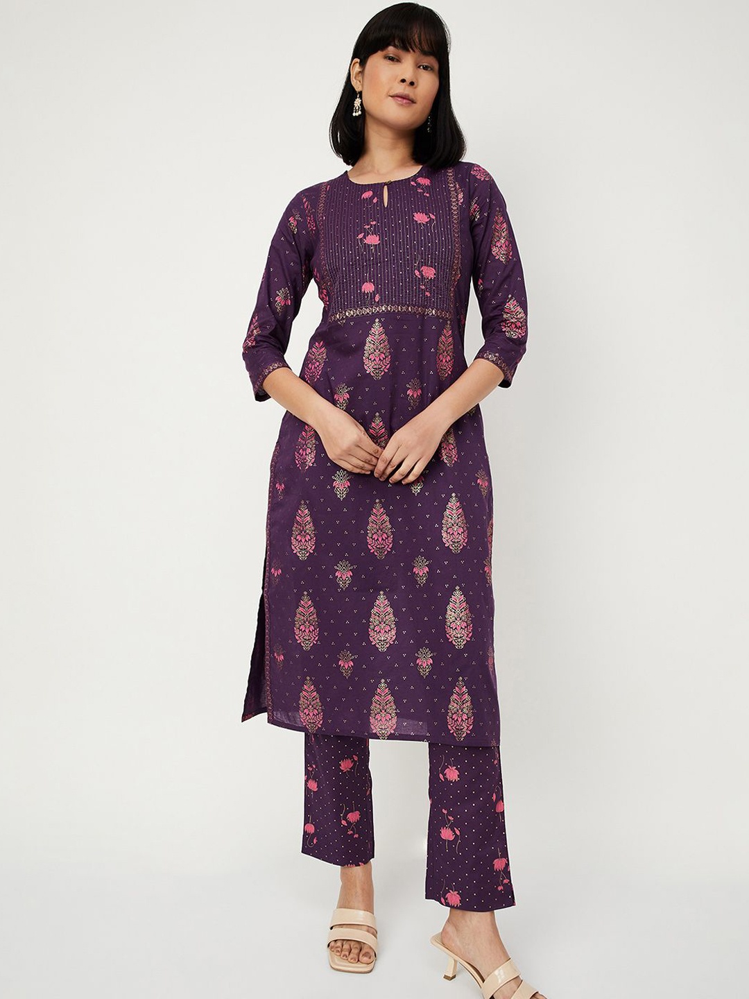 

max Floral Printed Sequinned Pure Cotton Straight Kurta with Trousers & Dupatta, Purple