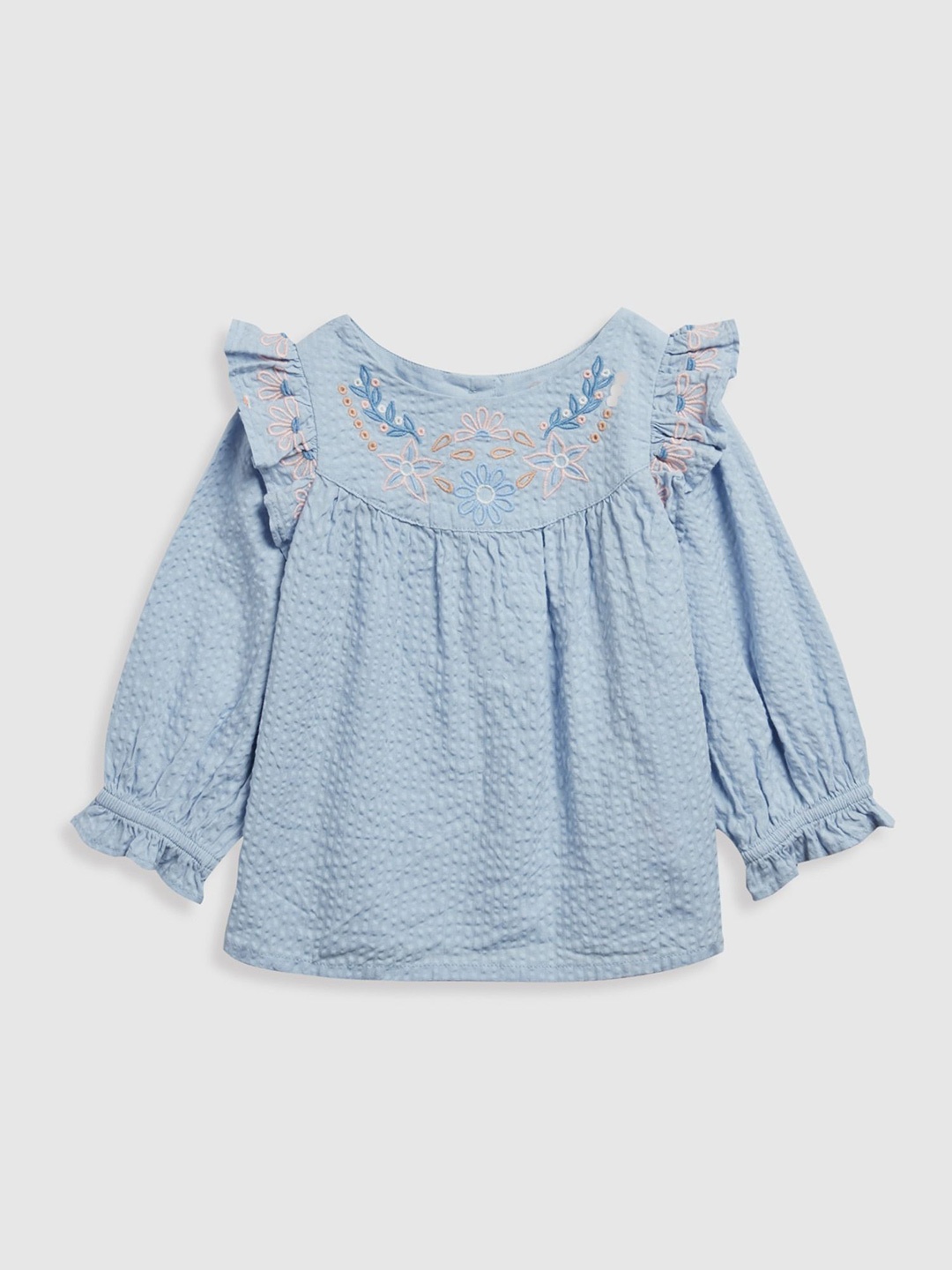 

mothercare Girls Floral Embroidered Round Neck Cotton Top, Blue