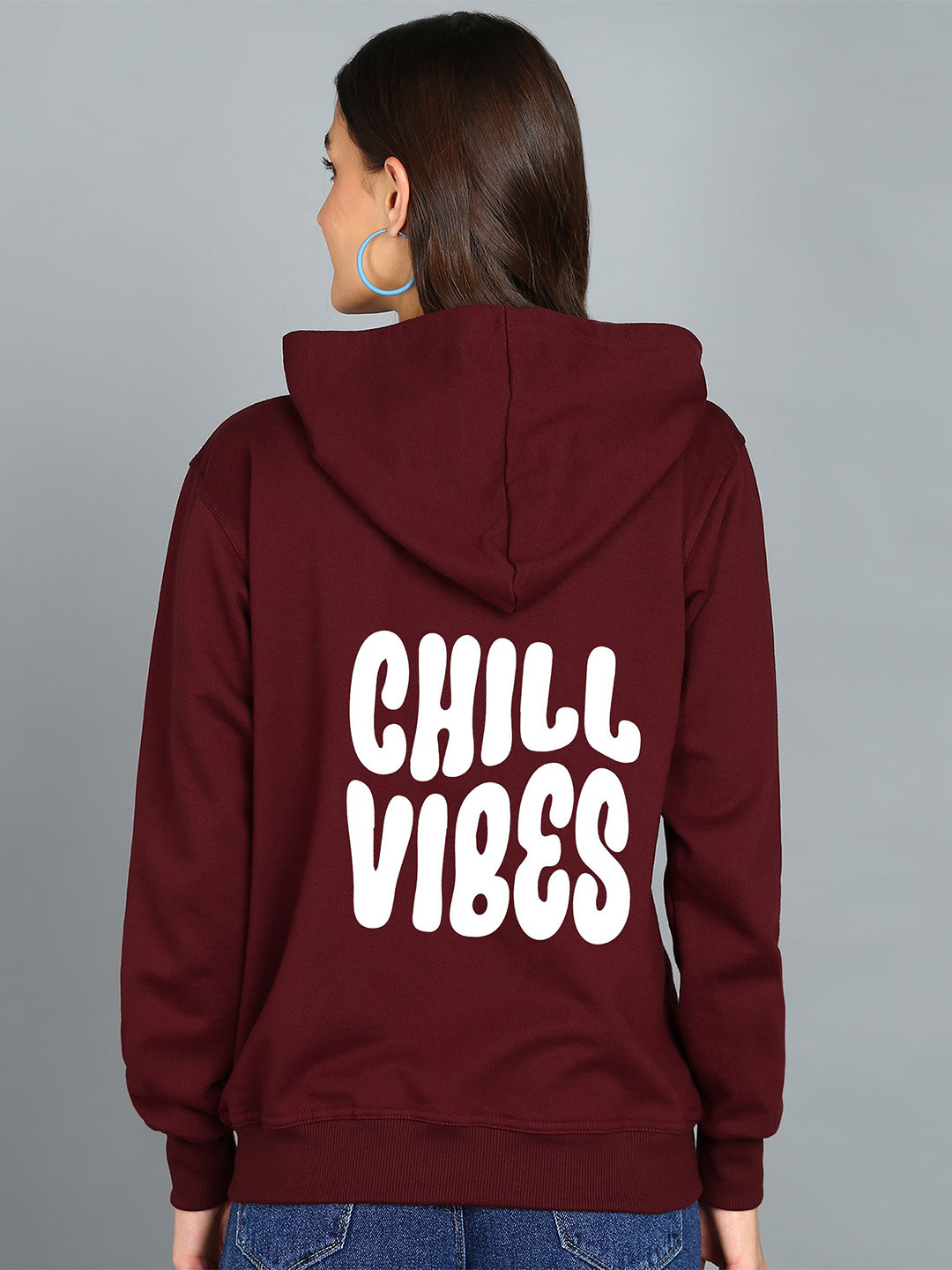 

FALTU.CO Women Printed Zip Detail Hooded Cotton Sweatshirt, Maroon