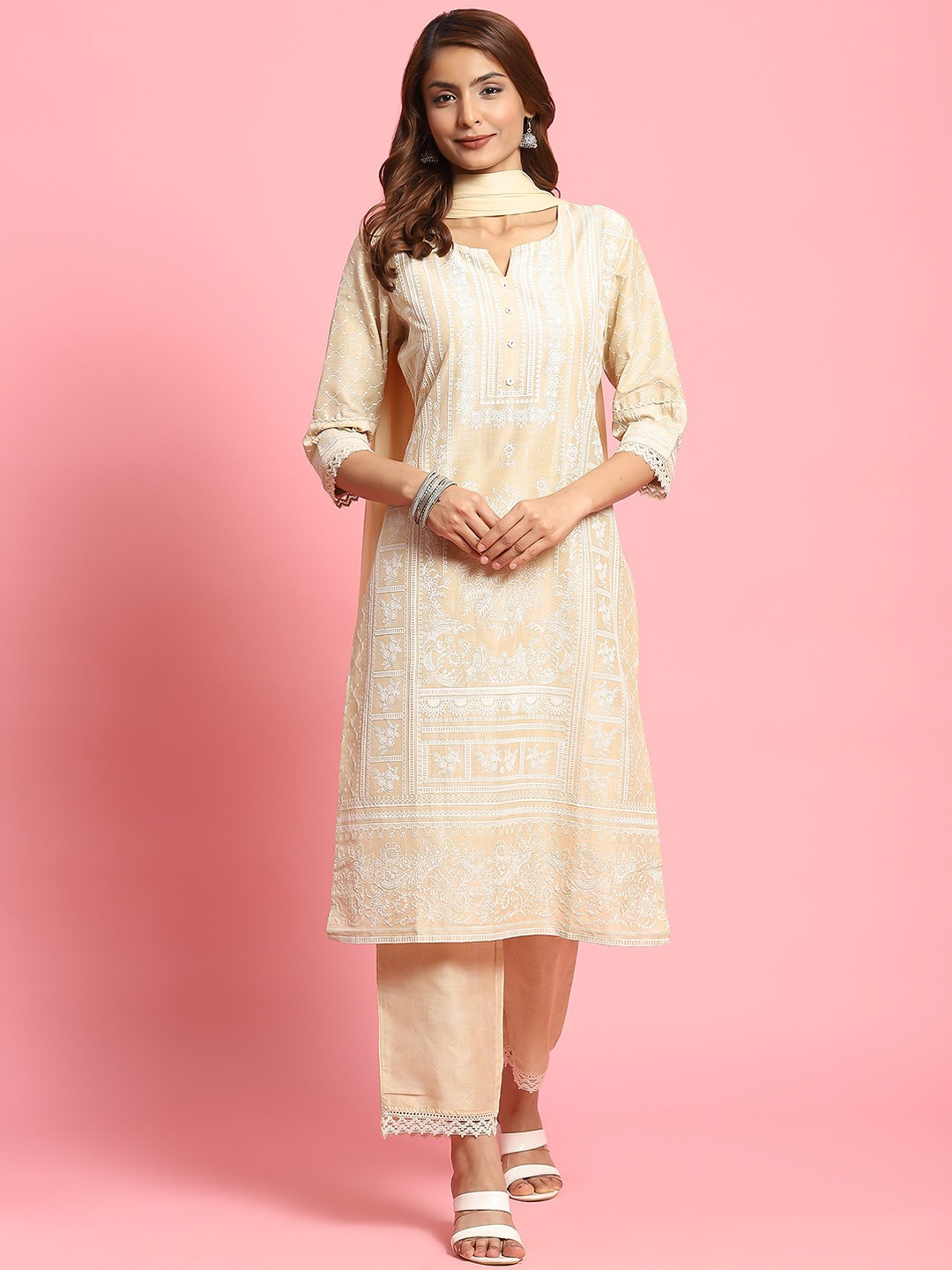 

Shree Floral Printed Notch Neck Straight Kurta with Trousers & Dupatta, Beige