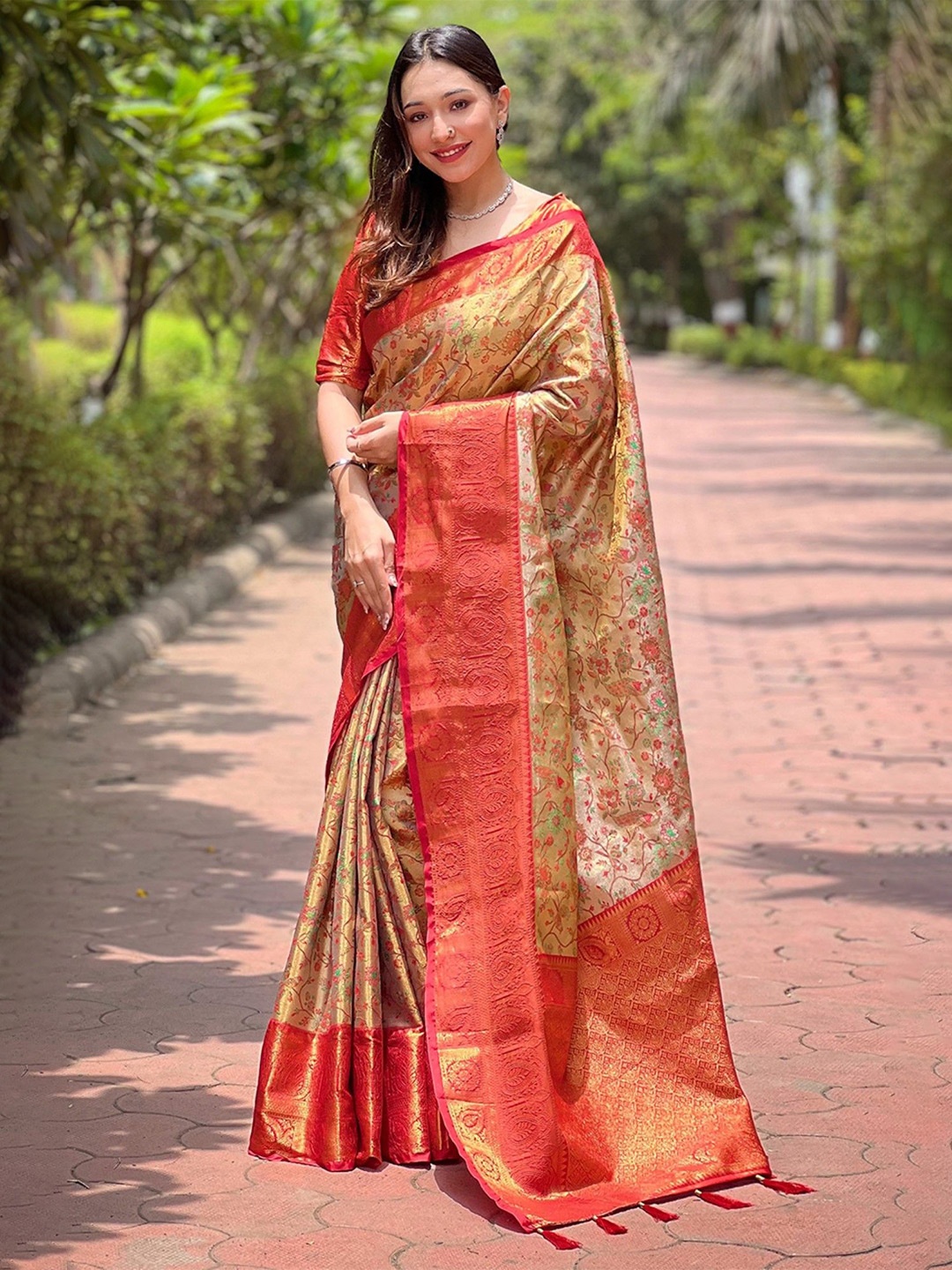 

Mitera Floral Woven Design Zari Dharmavaram Saree, Red