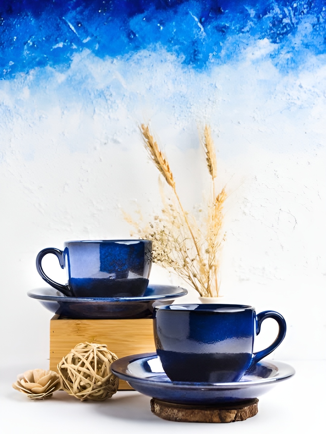 

AMALAFIEE CERAMICS Blue 4 Pieces Ceramic Glossy Cup & Saucer