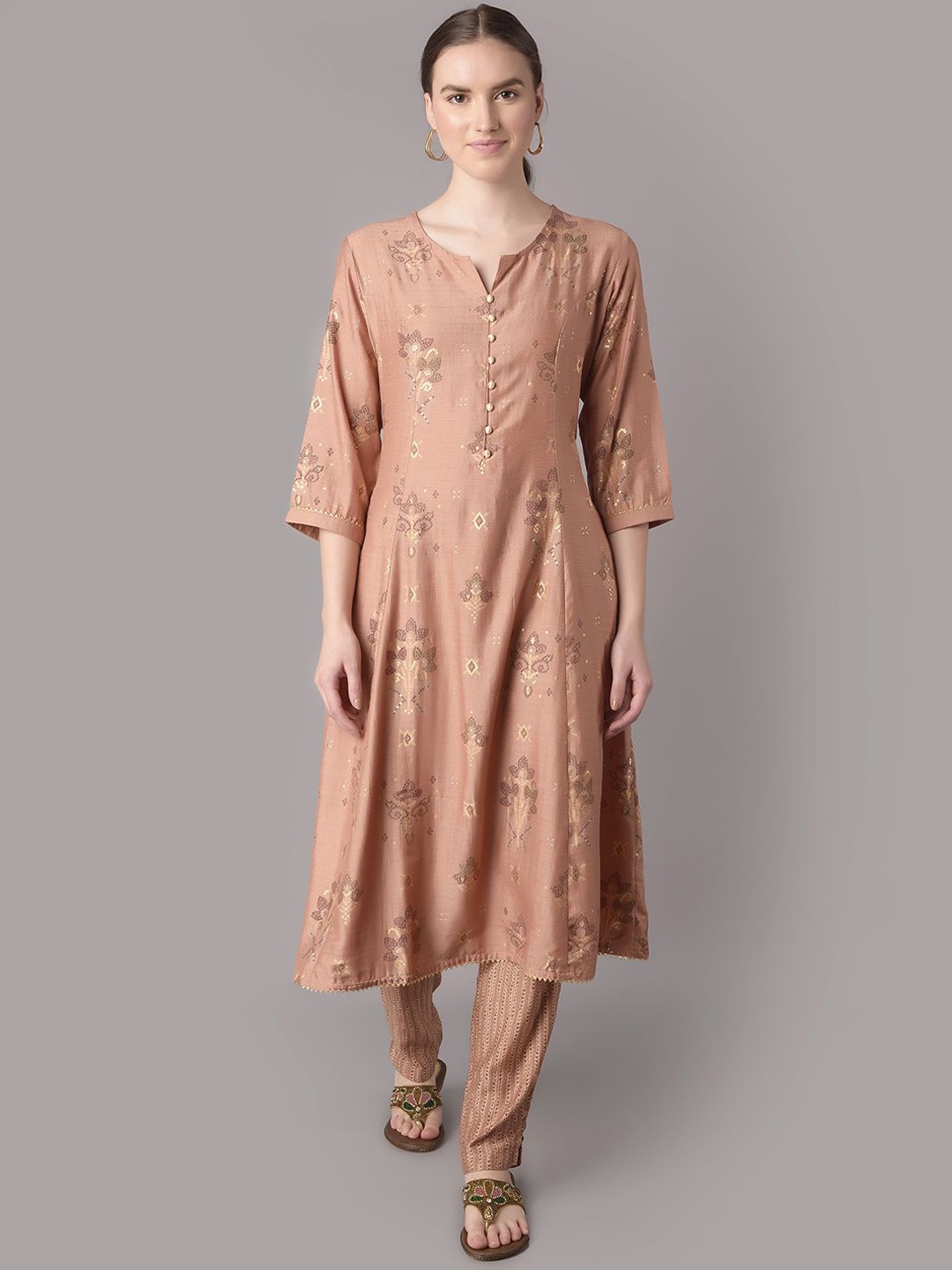 

Shree Bandahni Printed Regular Notch Neck A Line Kurta with Trousers, Pink