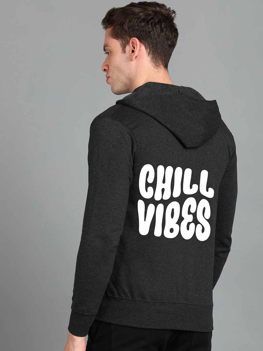 

FALTU.CO Men Printed Zip Detail Hooded Cotton Sweatshirt, Charcoal