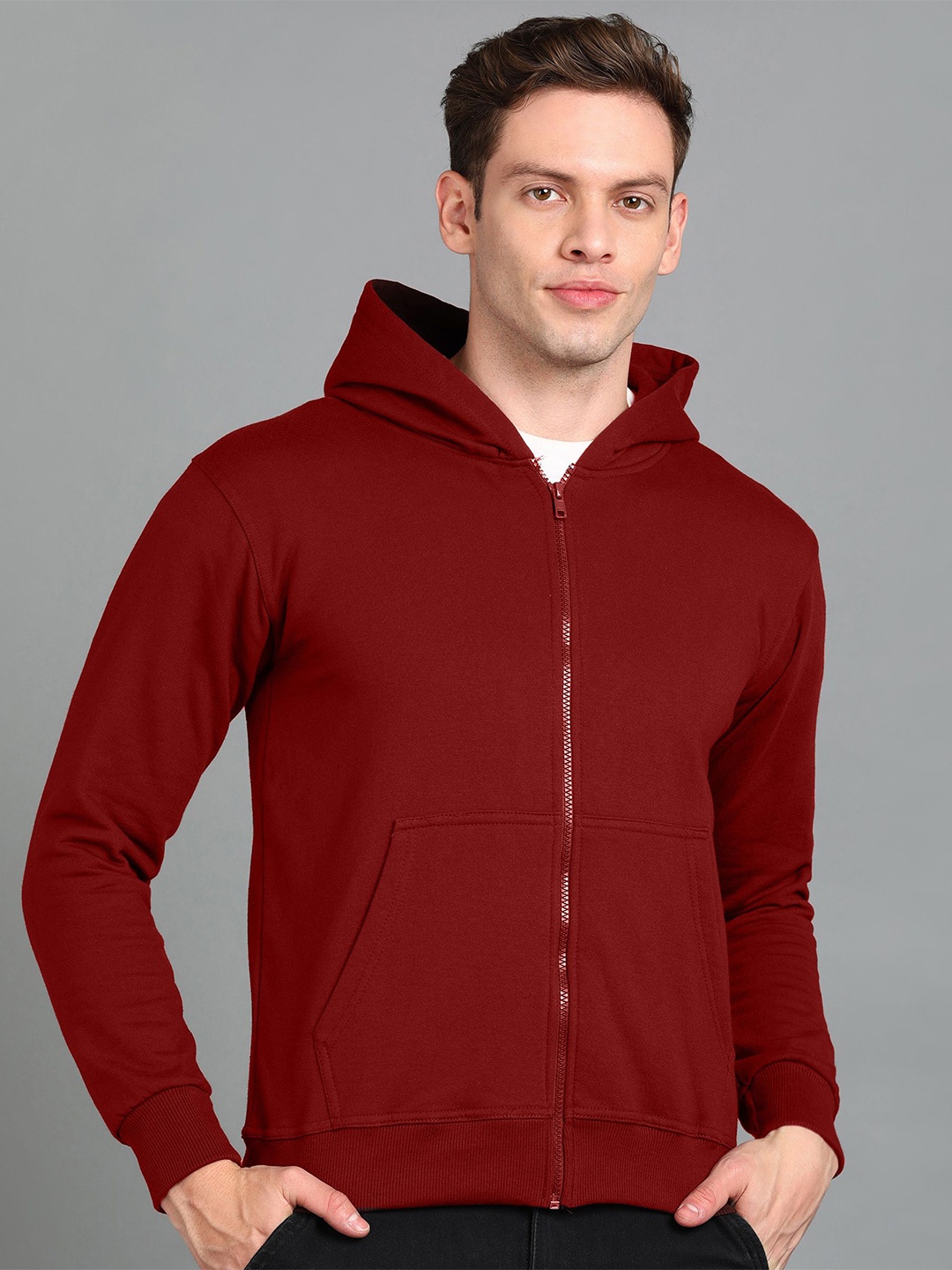 

FALTU.CO Men Solid Zip Detail Hooded Cotton Sweatshirt, Maroon