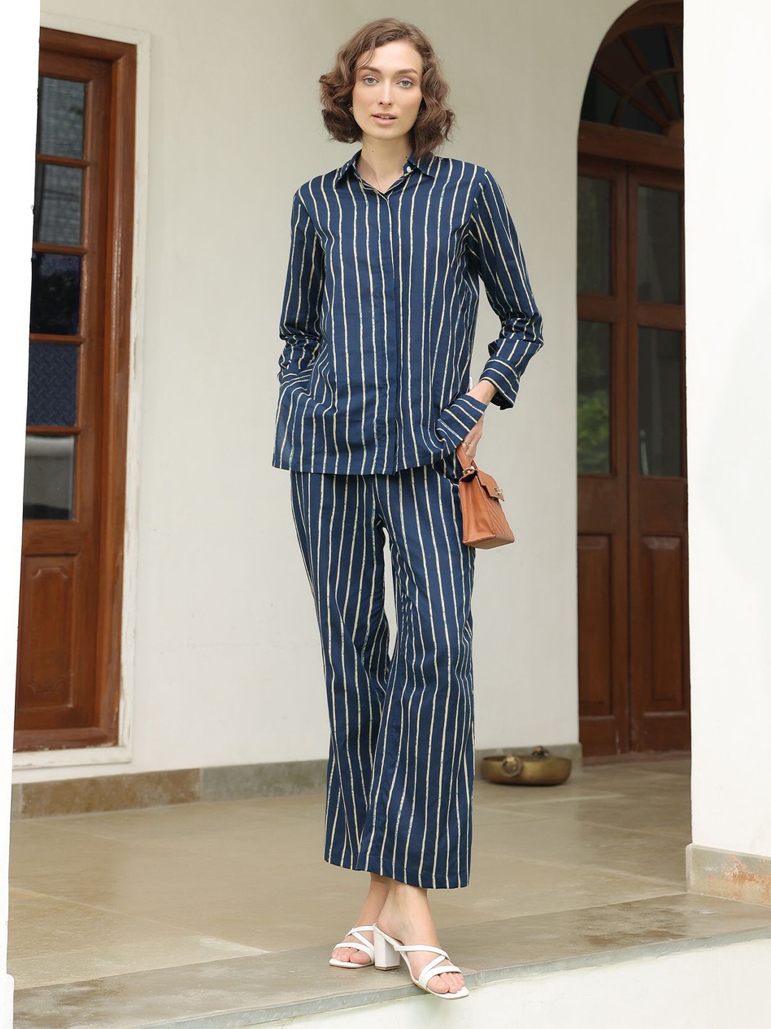 

JISORA Striped Pure Cotton Shirt & Trousers, Blue