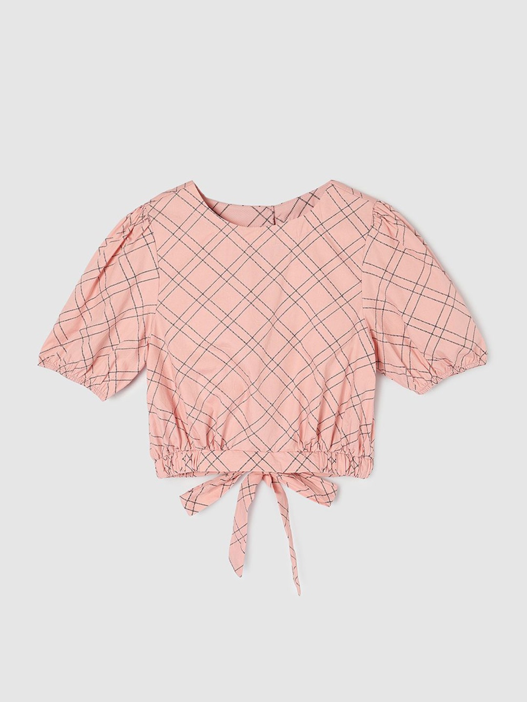 

max Girls Checked Round Neck Cotton Top, Pink