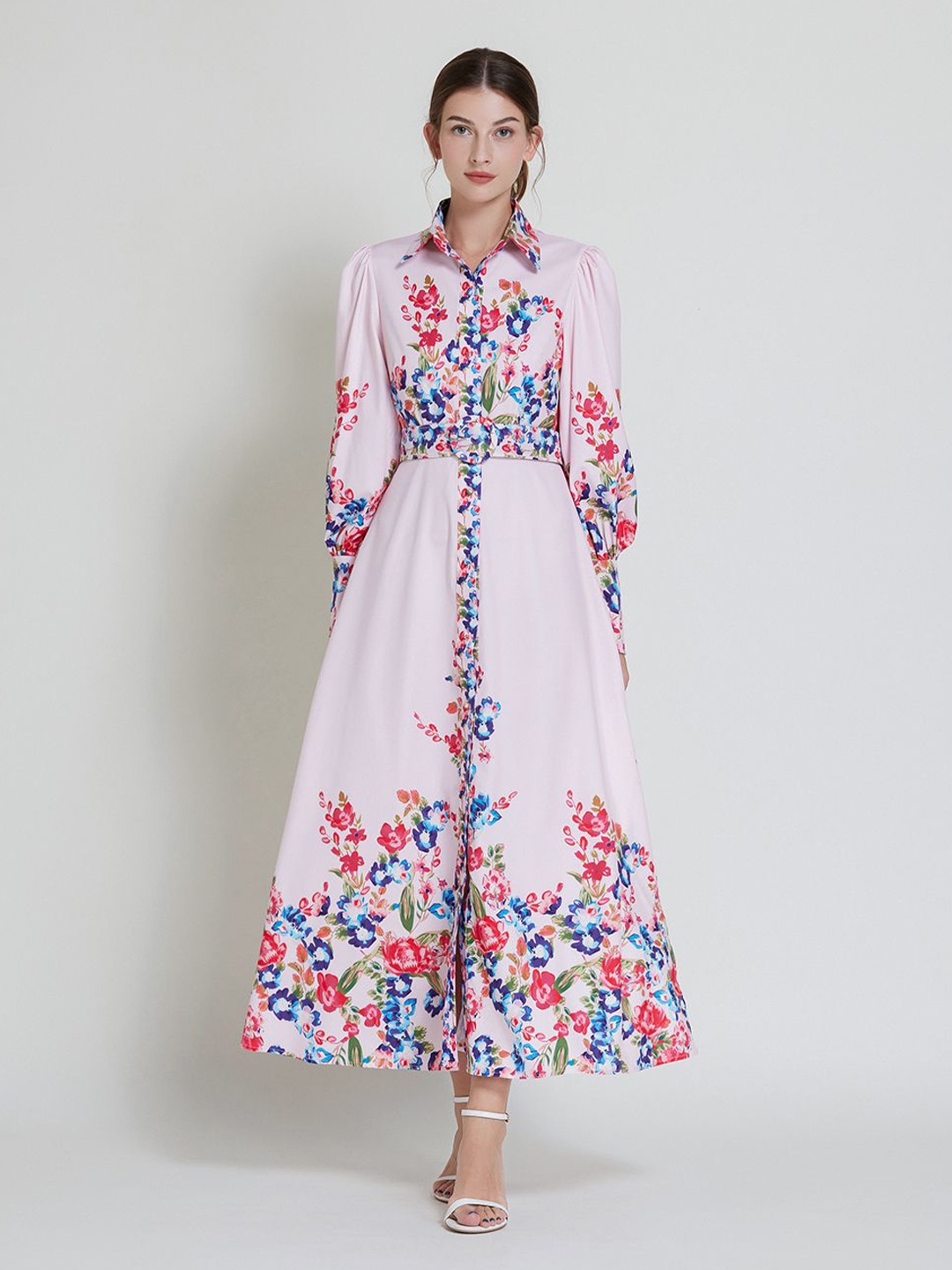 

JC Collection Shirt Collar Cuffed Sleeves Floral Printed Maxi Dress with belt, Red