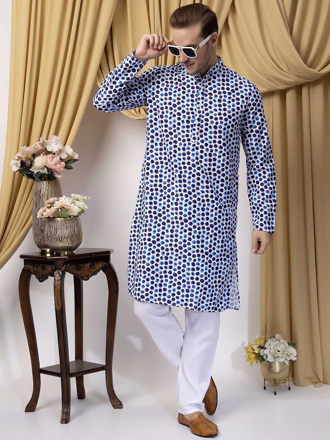 

Hangup Geometric Printed Mandarin Collar Straight Kurta with Pyjamas, Navy blue