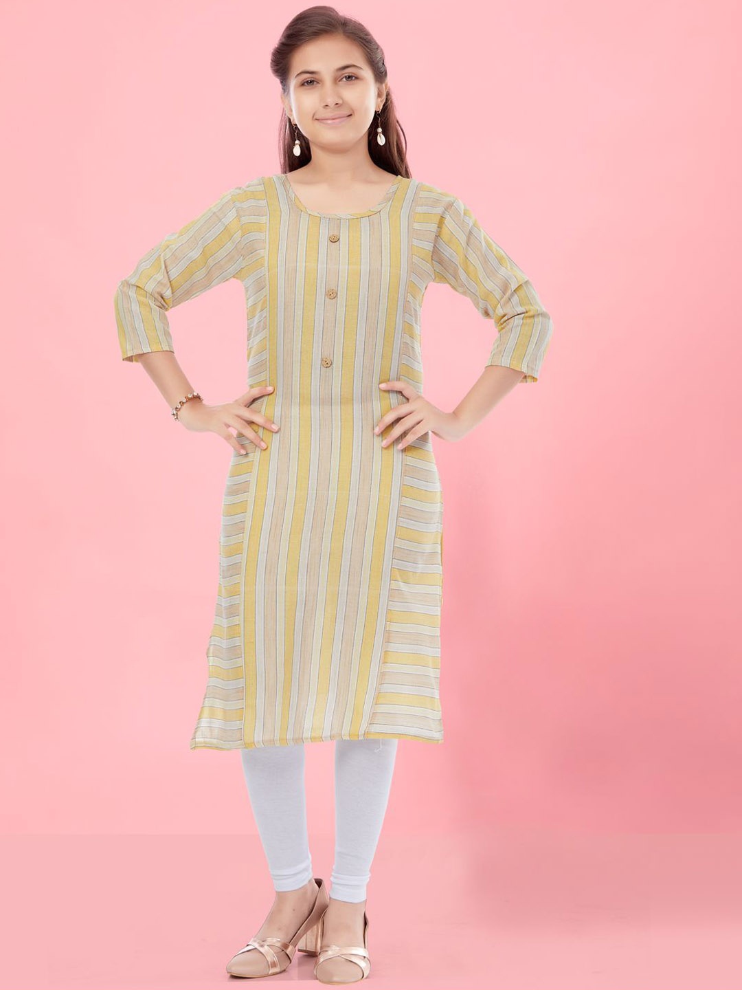 

BAESD Girls Striped Round Neck Cotton Straight Kurta, Yellow