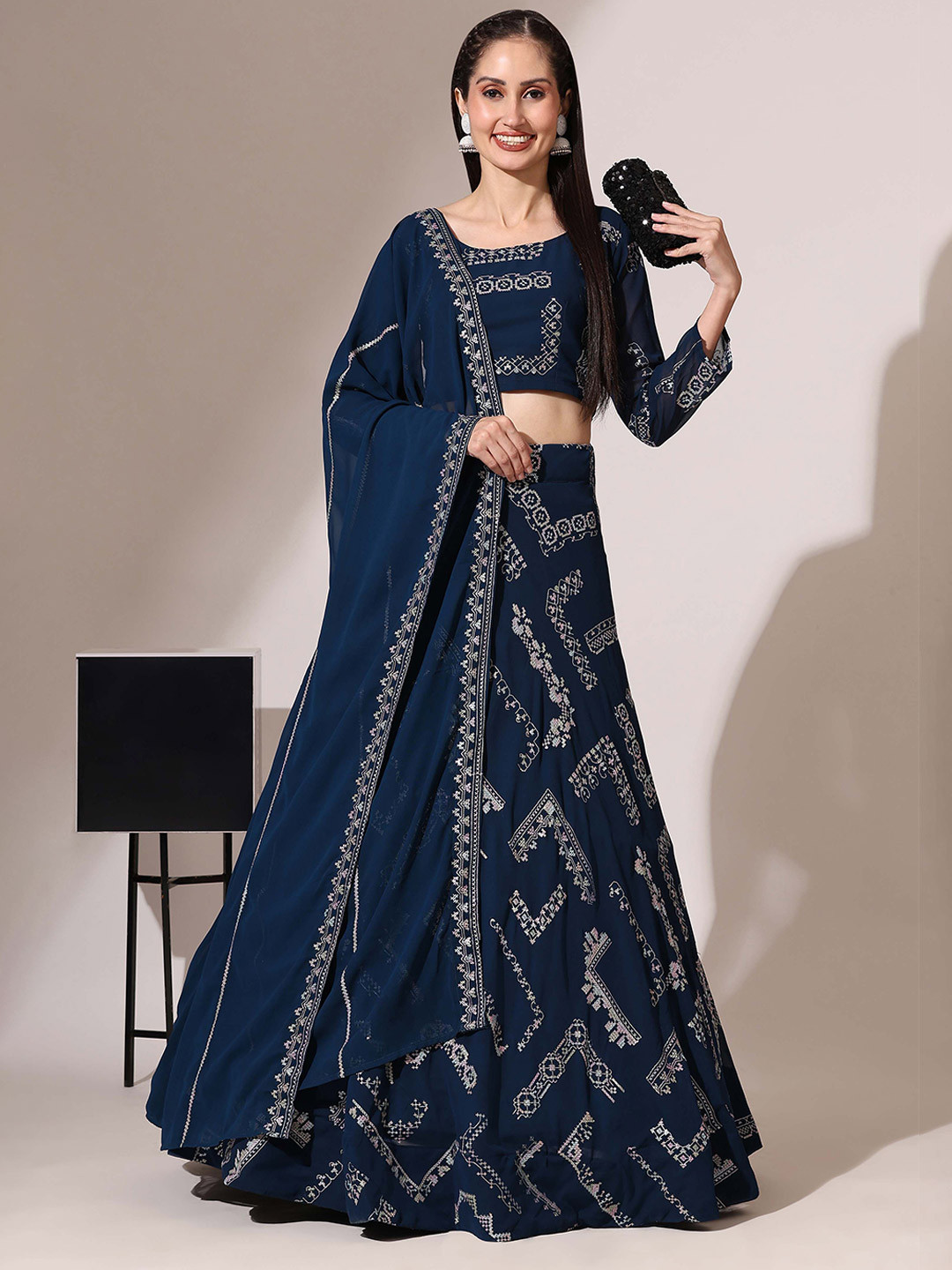 

Fabcartz Embroidered Thread Work Semi-Stitched Lehenga & Unstitched Blouse With Dupatta, Teal