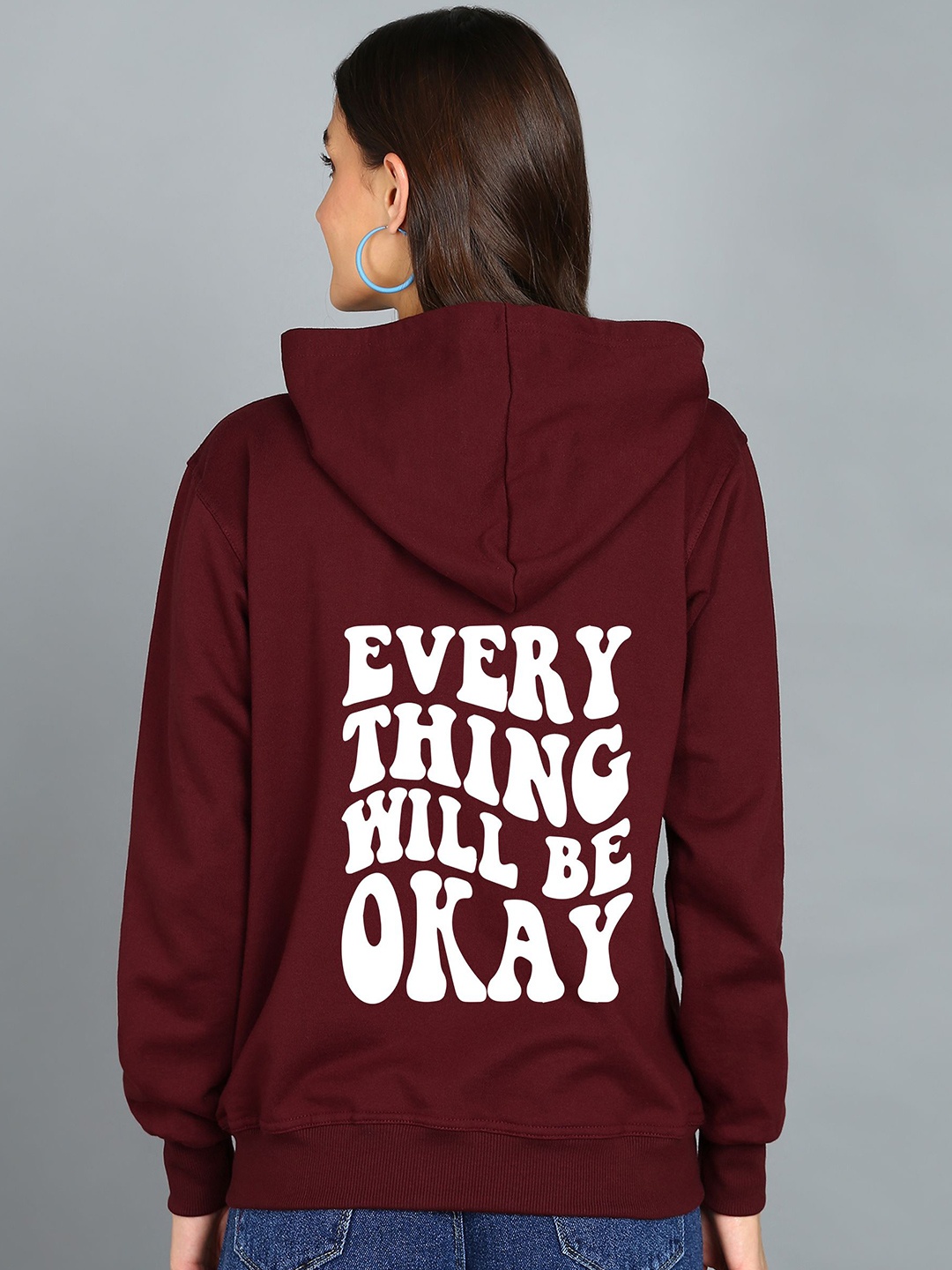 

FALTU.CO Women Typography Printed Hooded Ribbed Cotton Sweatshirt, Maroon