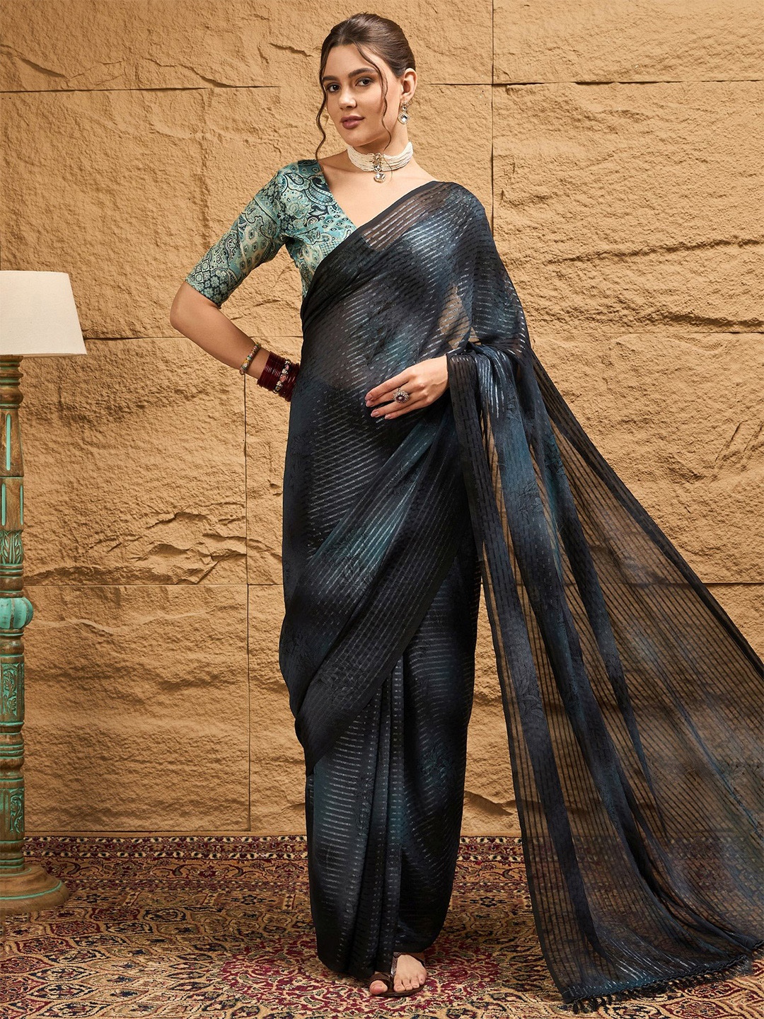 

Sangria Striped Self Design Festive Saree With Printed Blouse, Grey