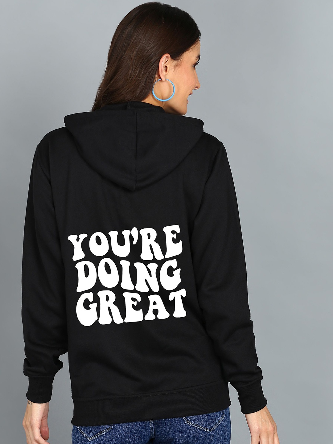 

FALTU.CO Women Printed Zip Detail Hooded Cotton Sweatshirt, Black