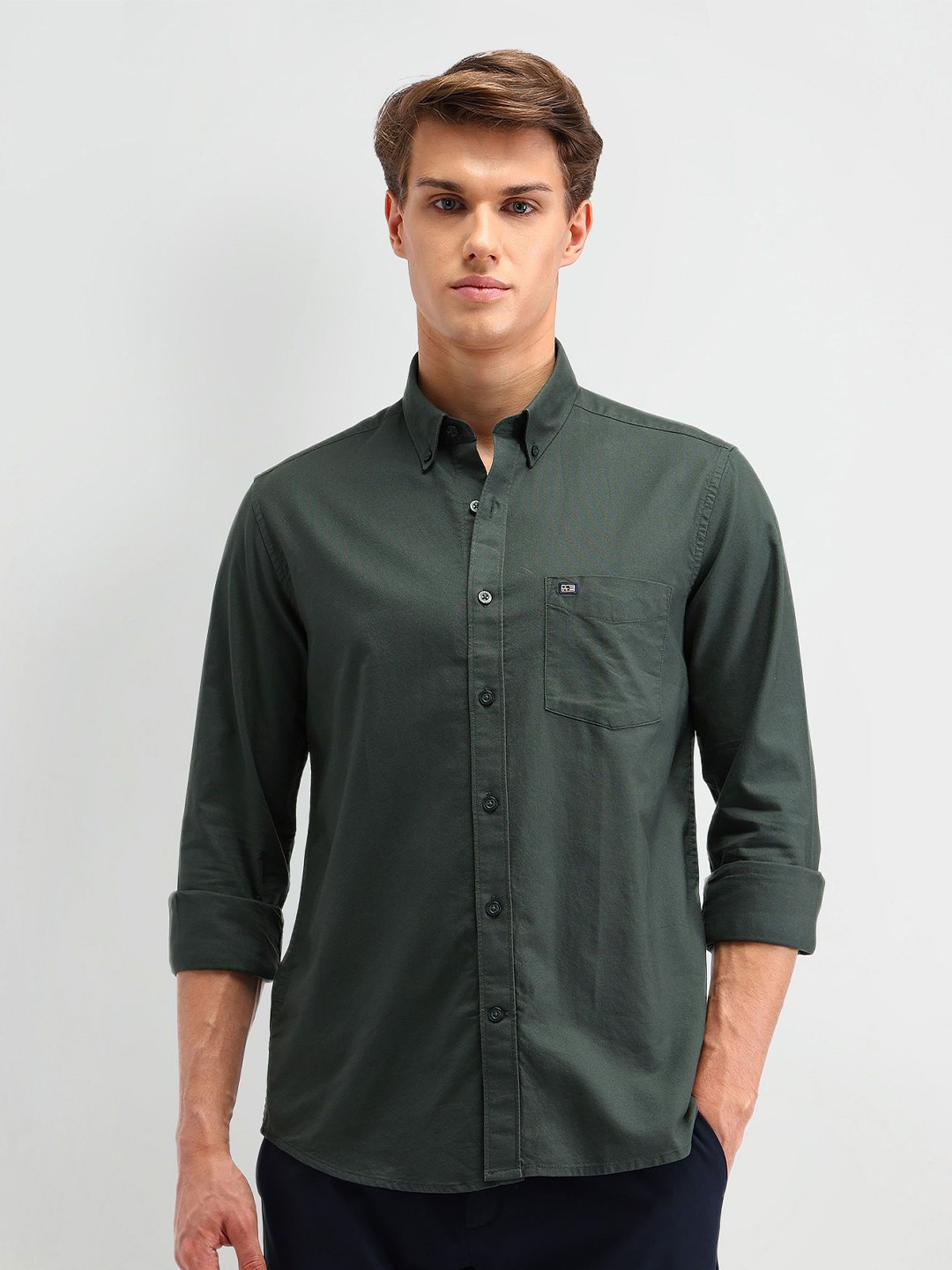 

Arrow Sport Men Modern Checks Solid Cotton Slim Fit Casual Shirt, Olive