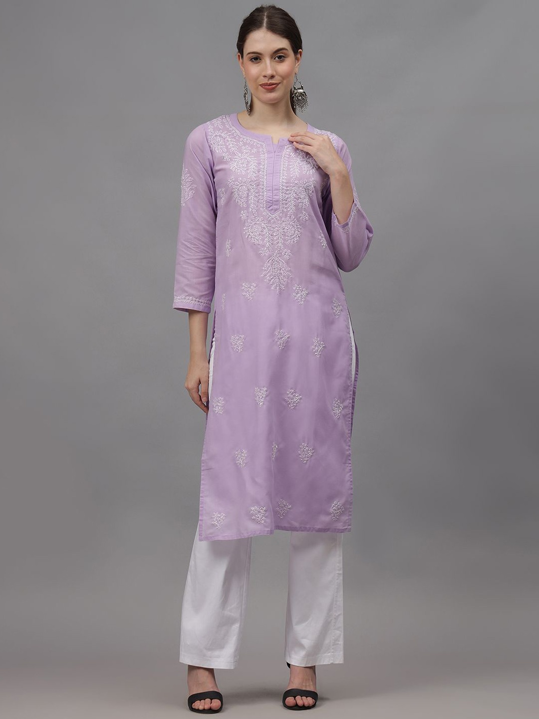 

Seva Chikan Ethnic Motifs Embroidered Chikankari Cotton Straight Kurta, Mauve