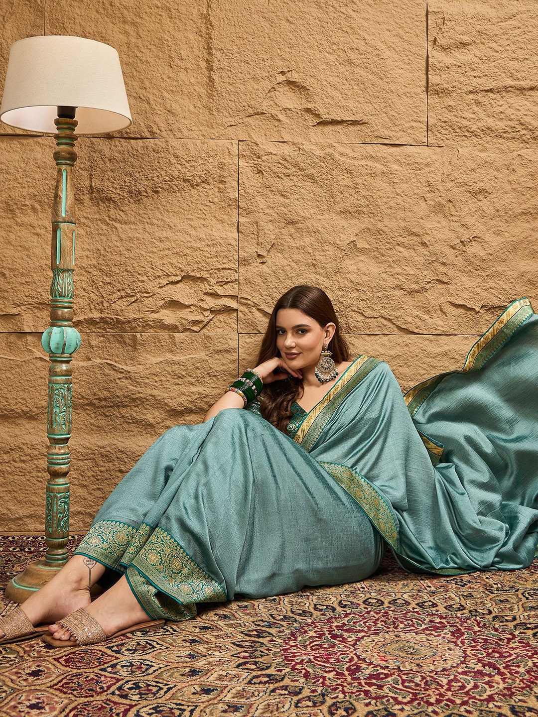 

Sangria Saree Solid Woven Design Zari Saree With Blouse Piece, Blue