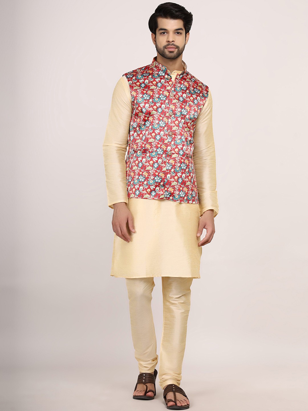 

Sadree Mandarin Collar Dupion Silk Kurta With Churidar & Jacket, Gold