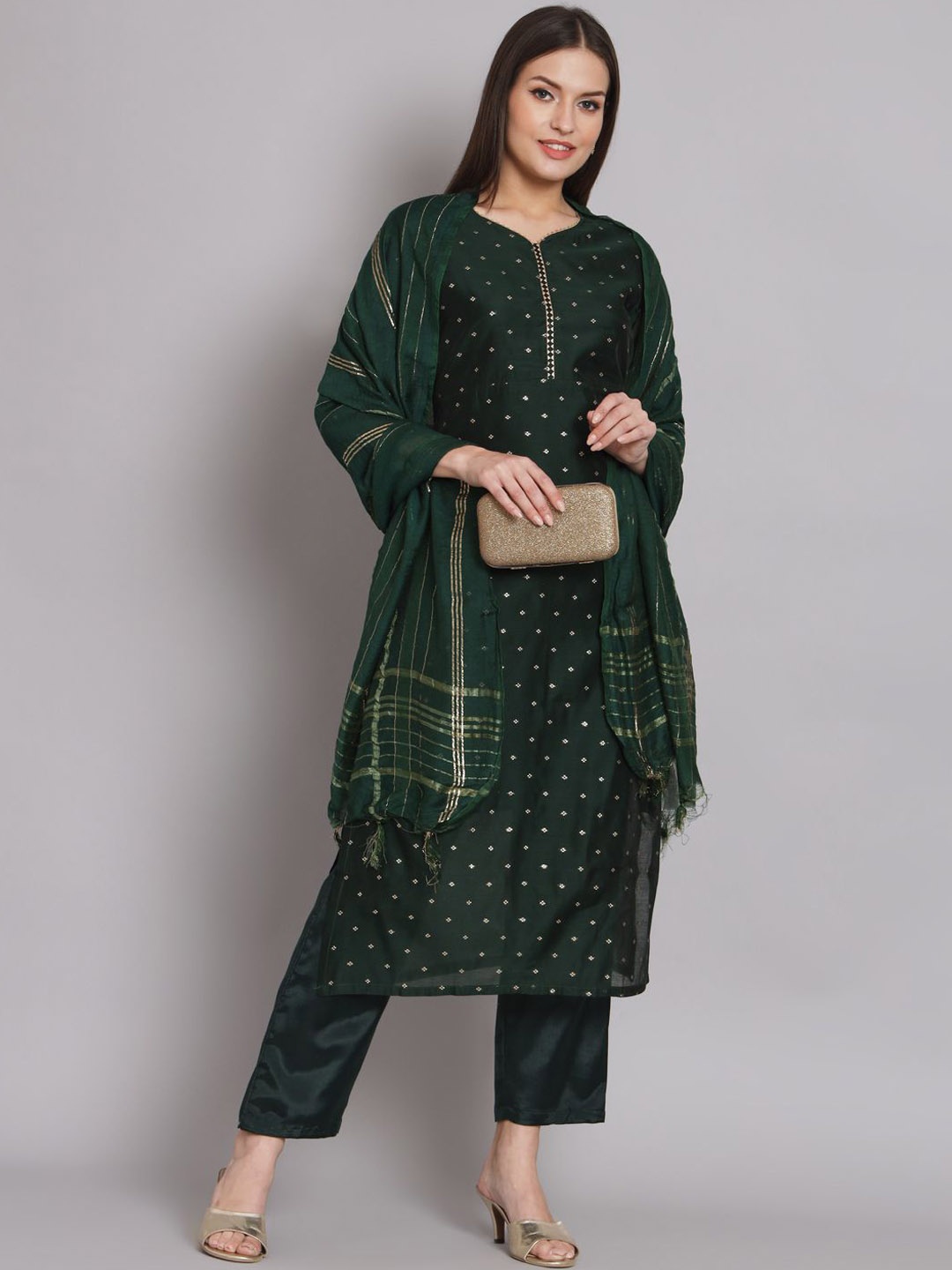 

VredeVogel Geometric Woven Design Gotta Patti Chanderi Silk Kurta With Trousers & Dupatta, Green