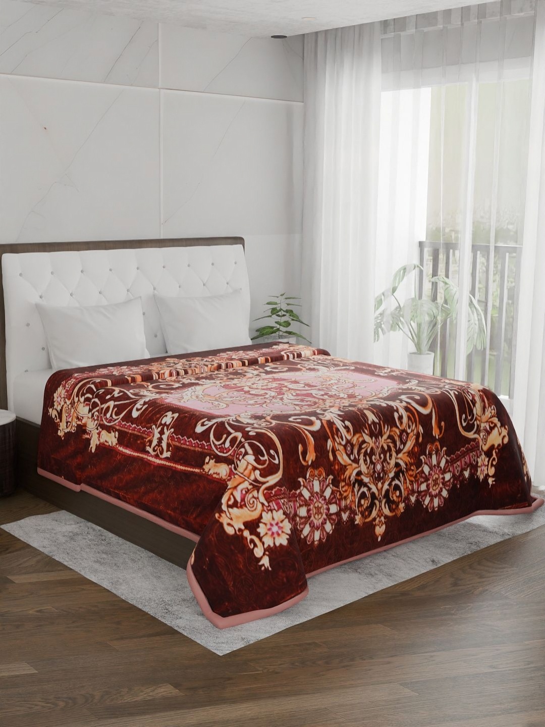 

Signature Jubliee Burgundy & Brown Floral 900 GSM Mild Winter Double Bed Blanket