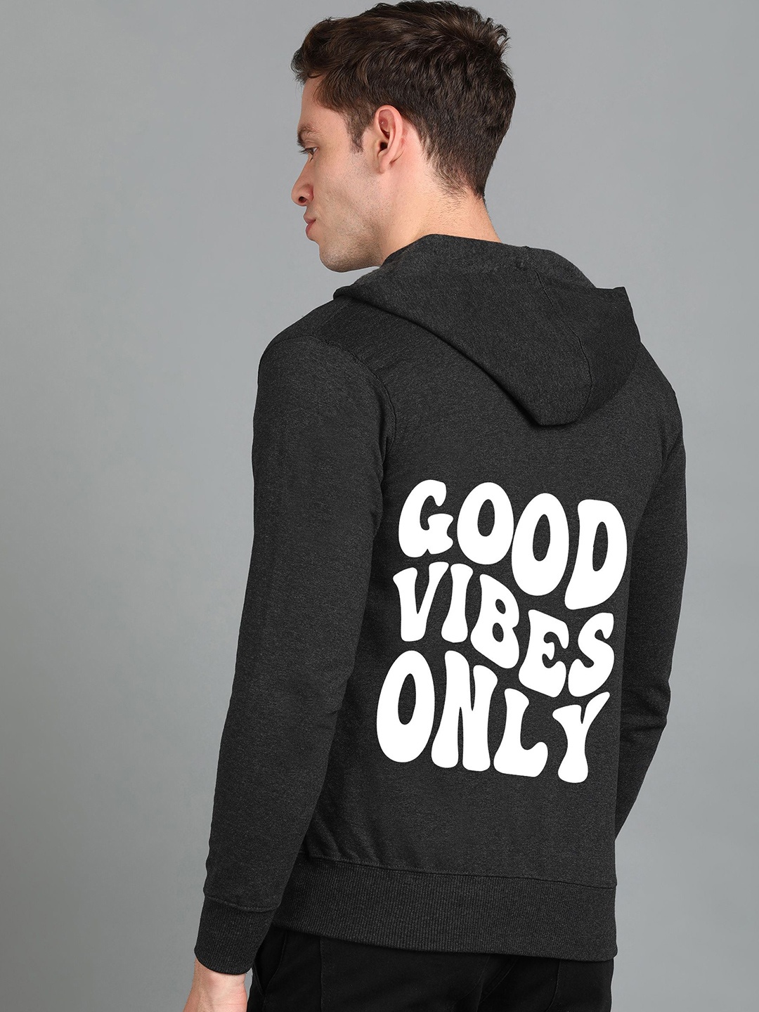 

FALTU.CO Men Typography Printed Hooded Ribbed Cotton Sweatshirt, Charcoal