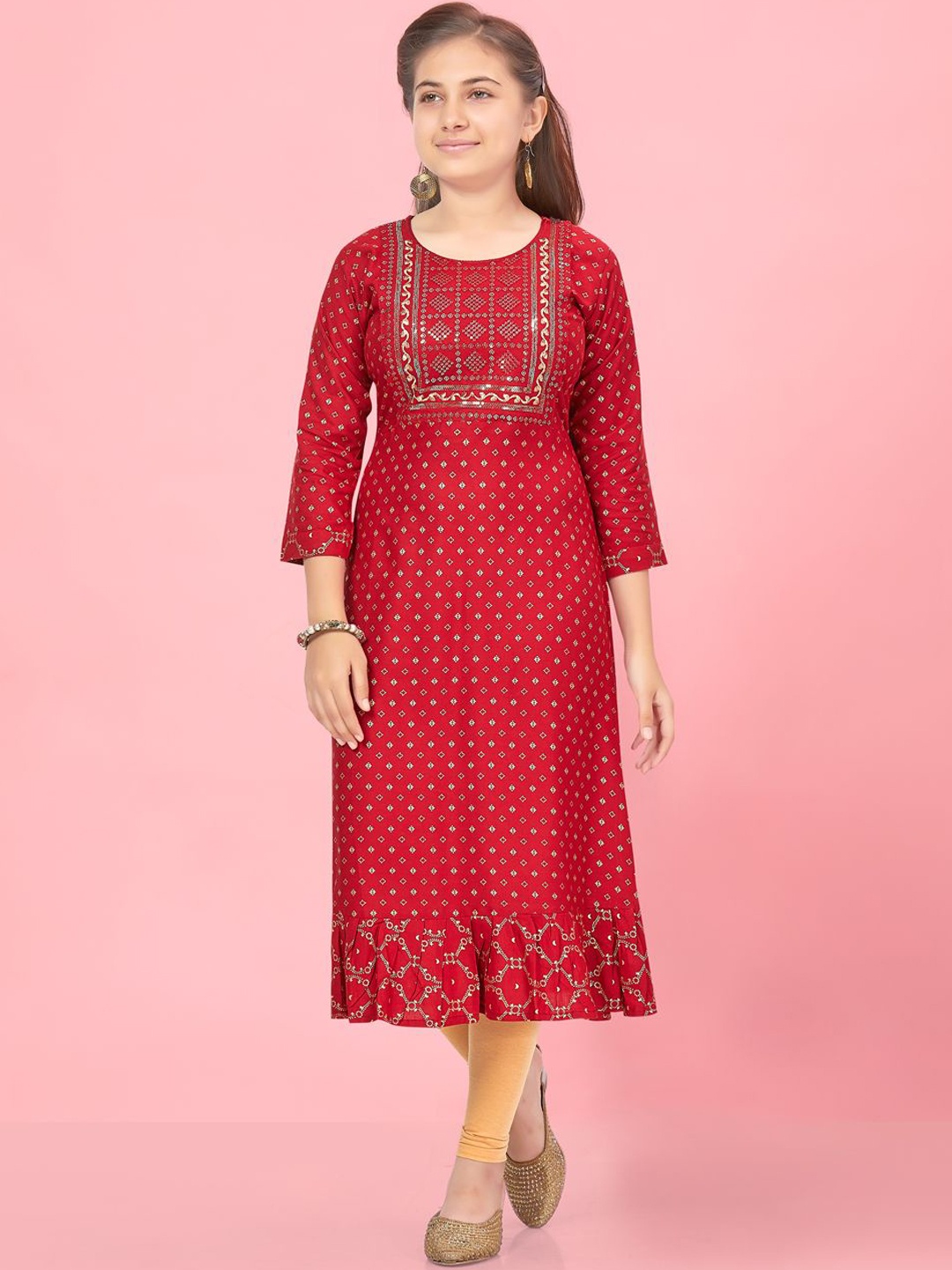 

BAESD Girls Geometric Printed Zari Cotton A-Line Kurta, Maroon