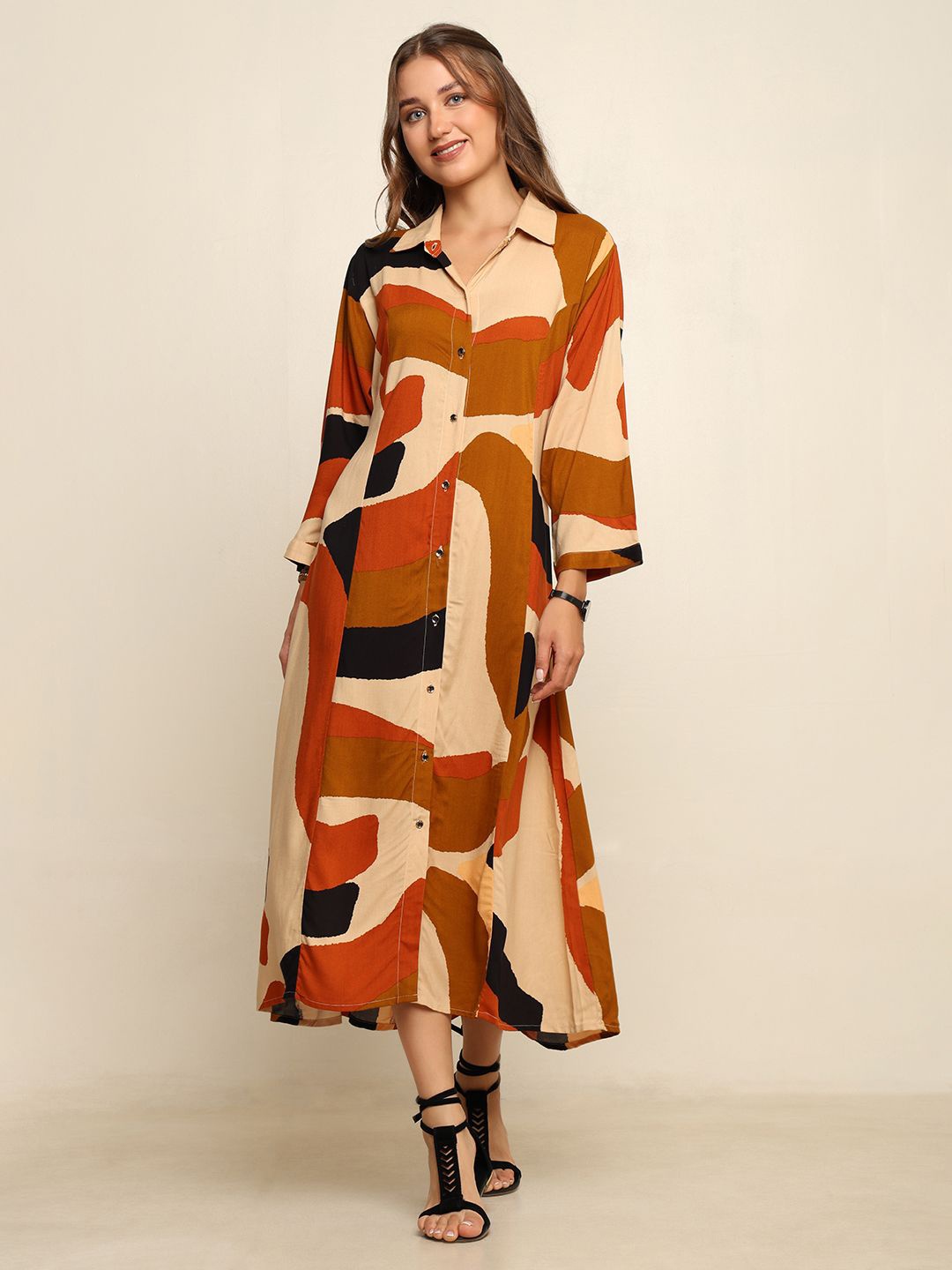 

CRAFTBAZAR Women Abstract Printed A-Line Maxi Dresses, Orange