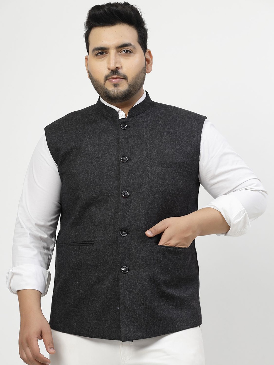 

plusS Mandarin Collar Woven Nehru Jacket, Charcoal