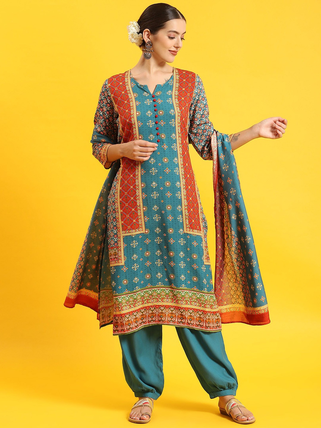 

Shree Printed Liva Straight Kurta with Salwar & With Dupatta, Blue