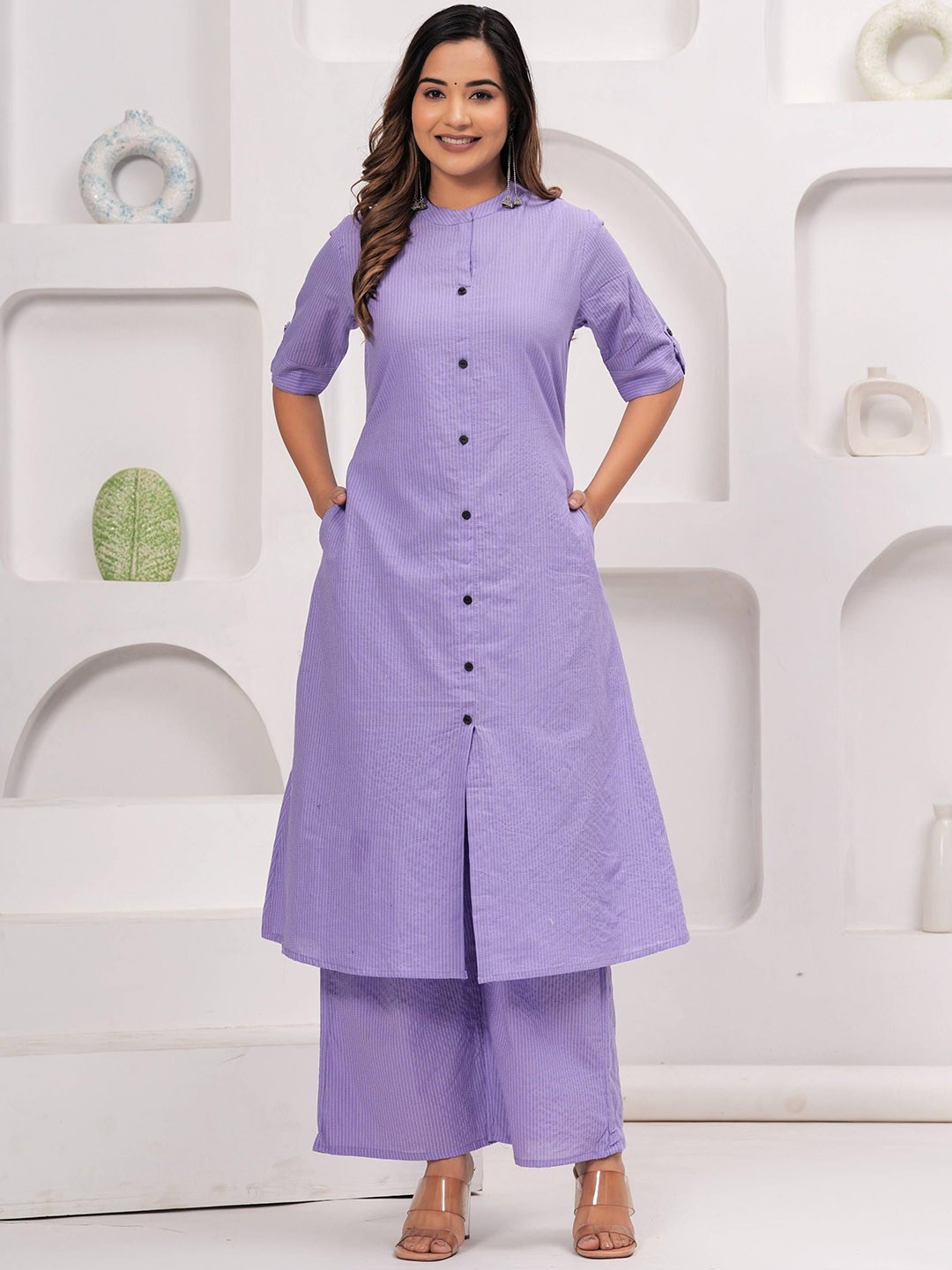 

Angvarnika Striped Embroidered Mandarin Collar Kantha Work Pure Cotton Kurta With Palazzos, Purple