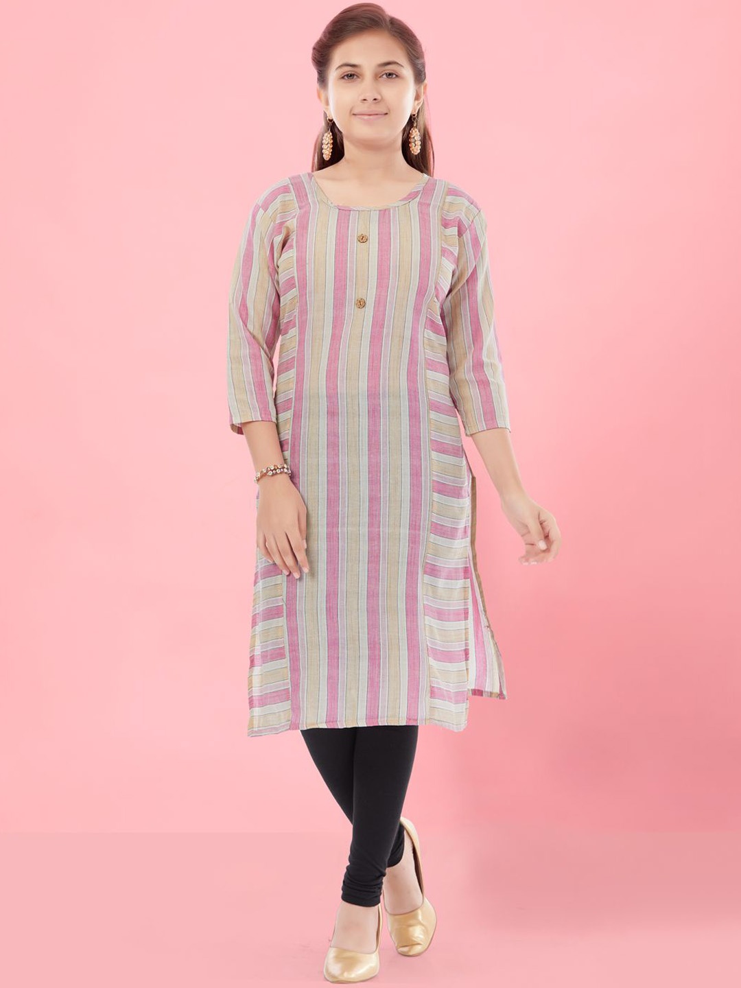 

BAESD Girls Striped Round Neck Cotton Straight Kurta, Pink