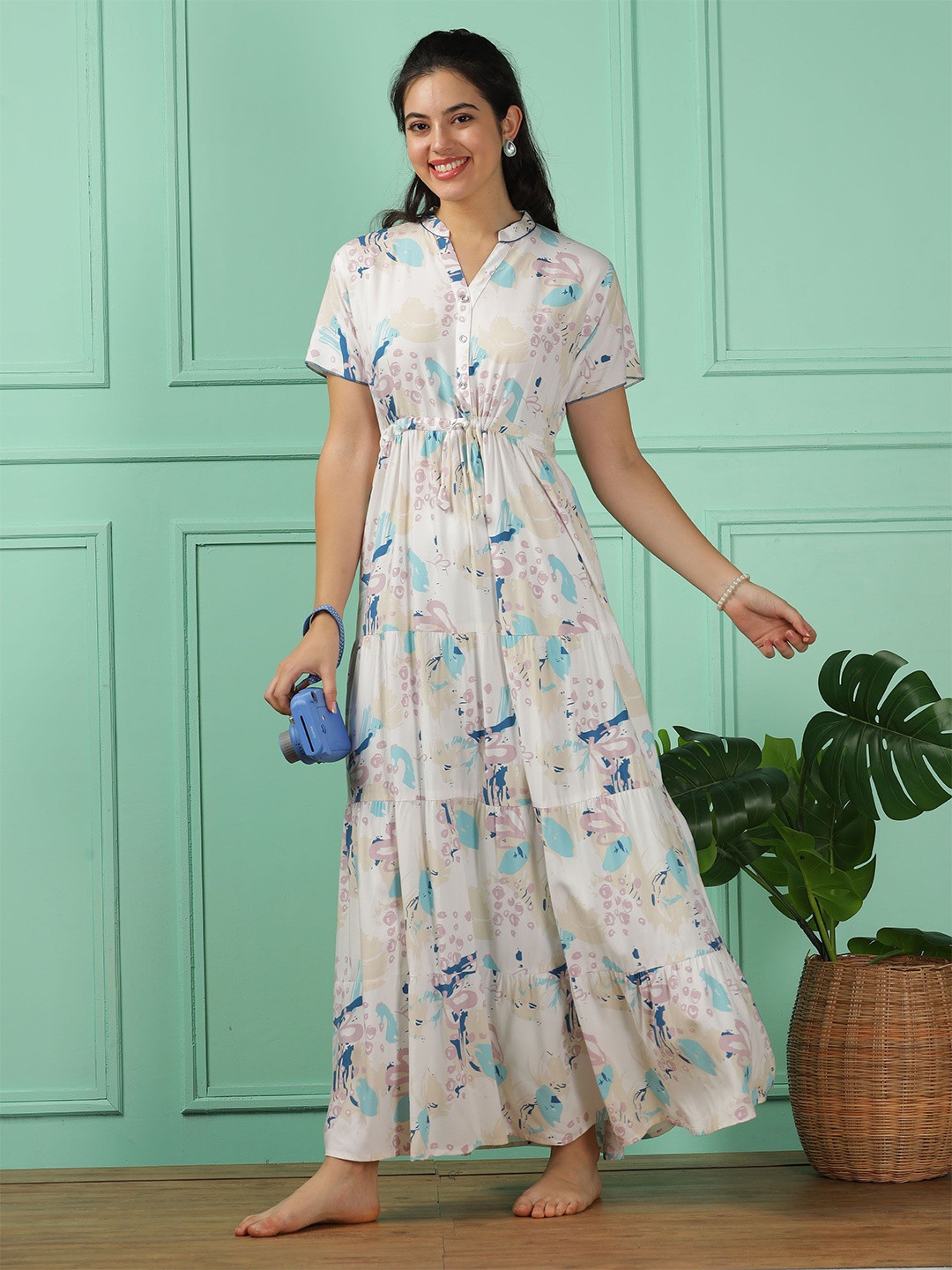 

9shines Label Women Printed Pure Cotton Maxi Nightdress, White