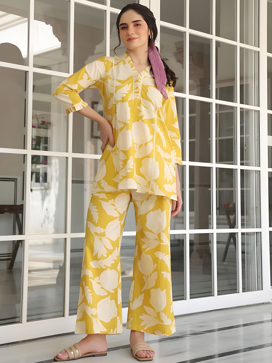 

NIJANAND TEXTILE Printed Pure Cotton Tunic With Trouser Co-Ords, Yellow
