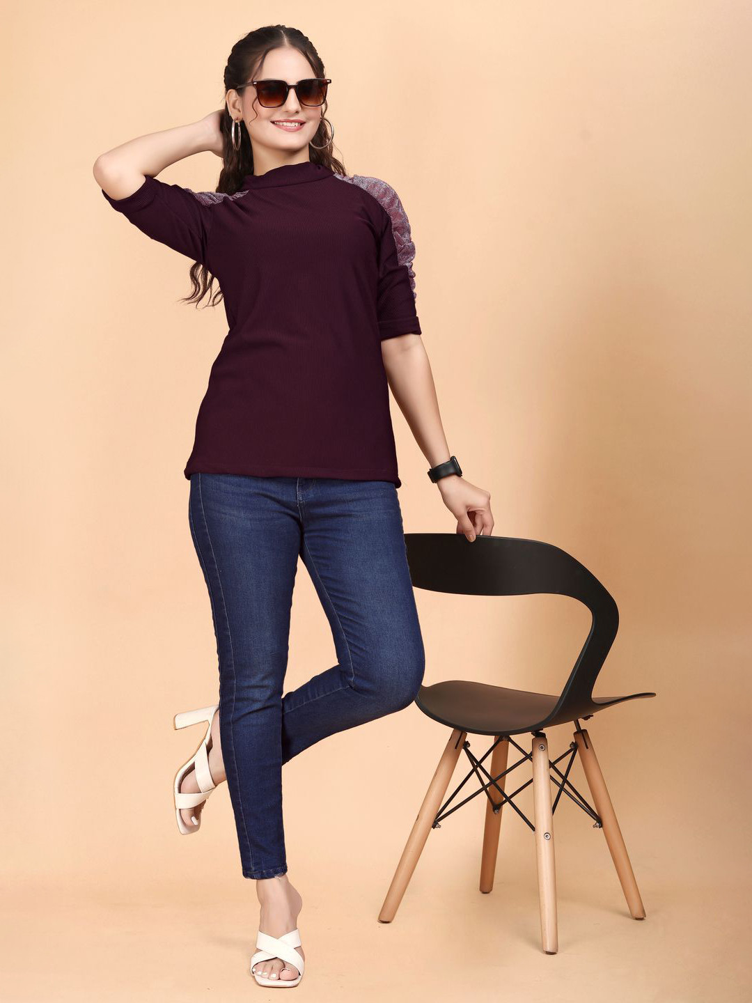 

ANJAVI FASHION Women Solid Round Neck Top, Maroon