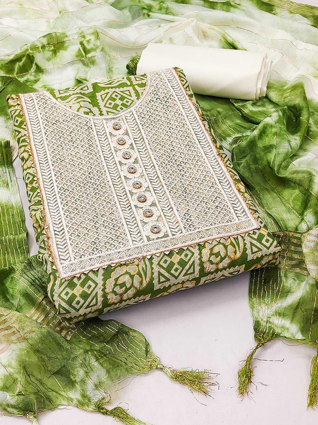 

Ishin Green Ethnic Motifs Embroidered Sequined Pure Cotton Unstitched Dress Material