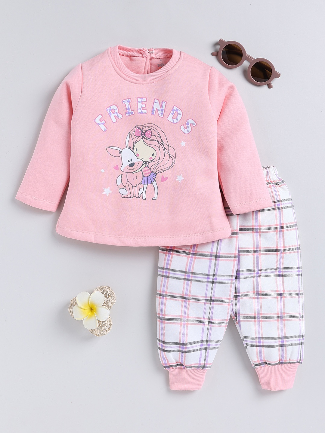 

YK X Tinyo Infant Girls Pure Cotton Printed T-shirt & Joggers, Pink