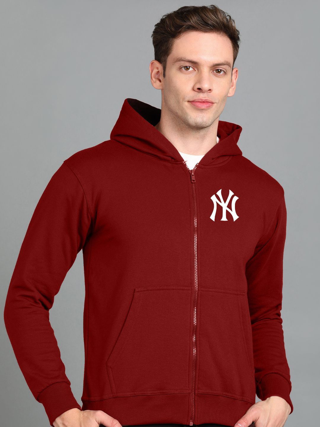 

FALTU.CO Men Graphic Printed Hooded Ribbed Cotton Sweatshirt, Maroon