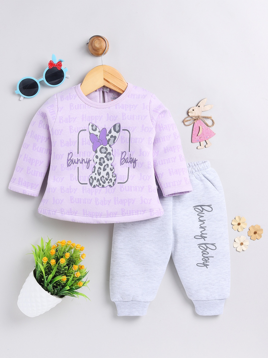 

YK X Tinyo Infant Girls Pure Cotton Printed Sweatshirt & Joggers, Lavender