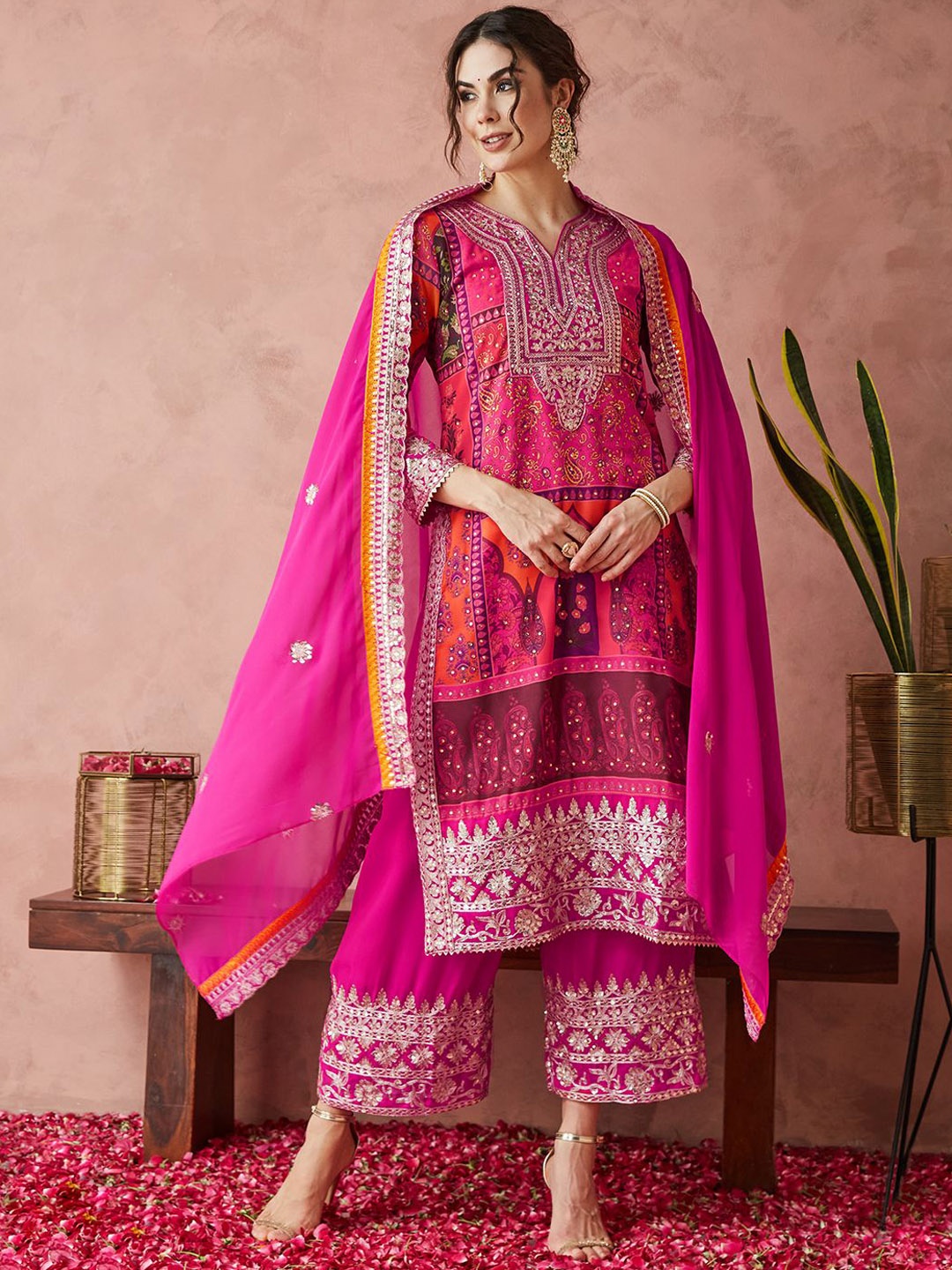 

RAJGRANTH Ethnic Motifs Embroidered Sequinned Georgette Kurta With Palazzo & Dupatta, Pink