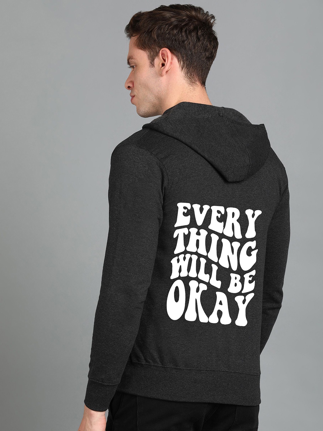 

FALTU.CO Men Typography Printed Hooded Ribbed Cotton Sweatshirt, Charcoal