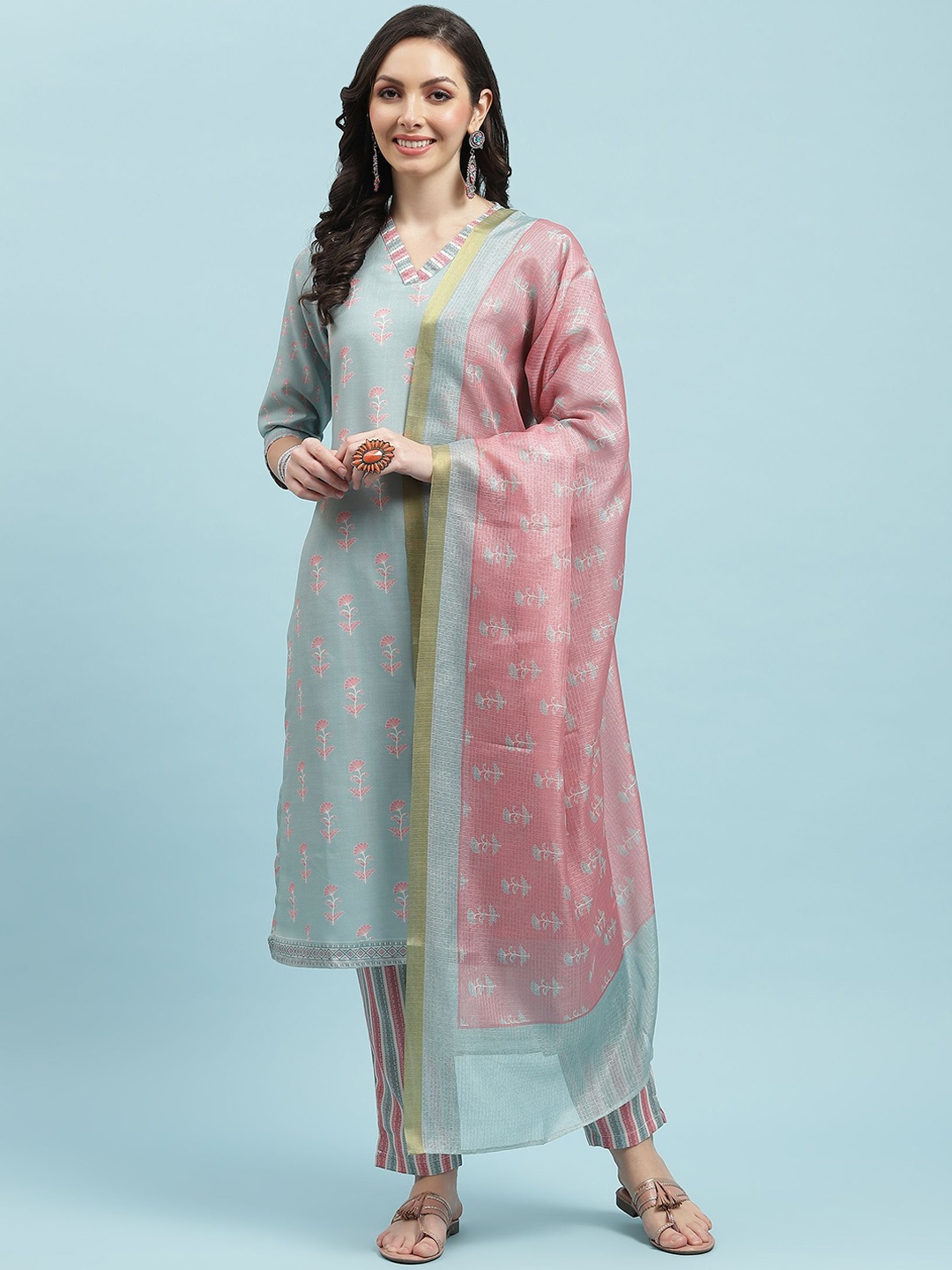 

Shree Floral Printed Regular Straight Kurta with Trousers & Dupatta, Green