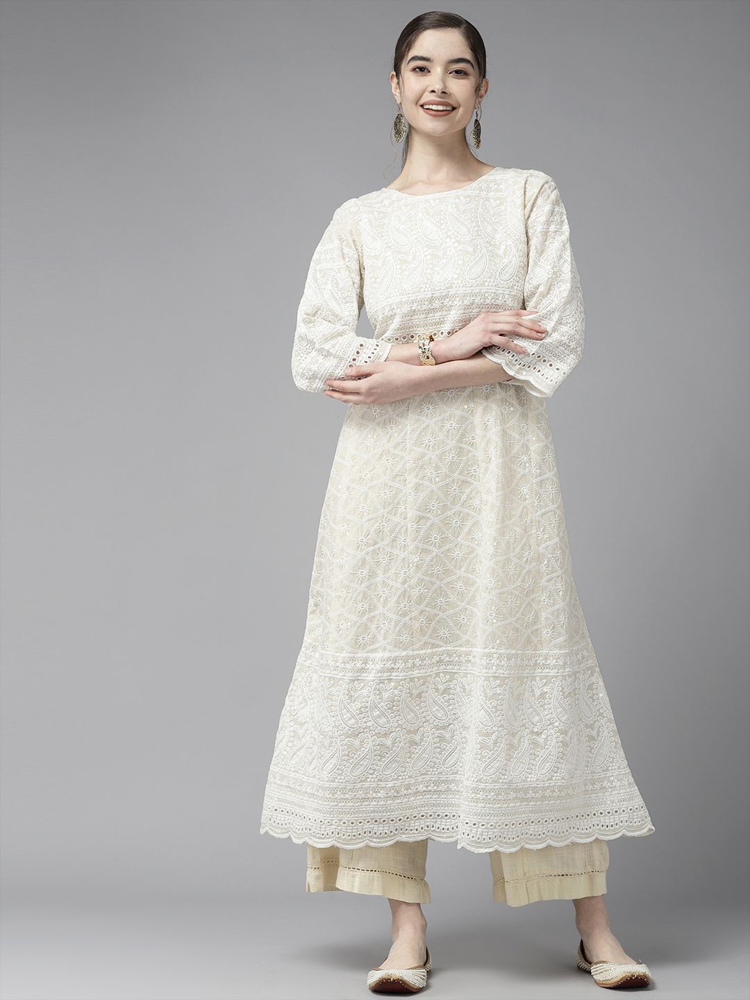 

BAESD Paisley Embroidered Thread Work Cotton Anarkali Kurta, Cream