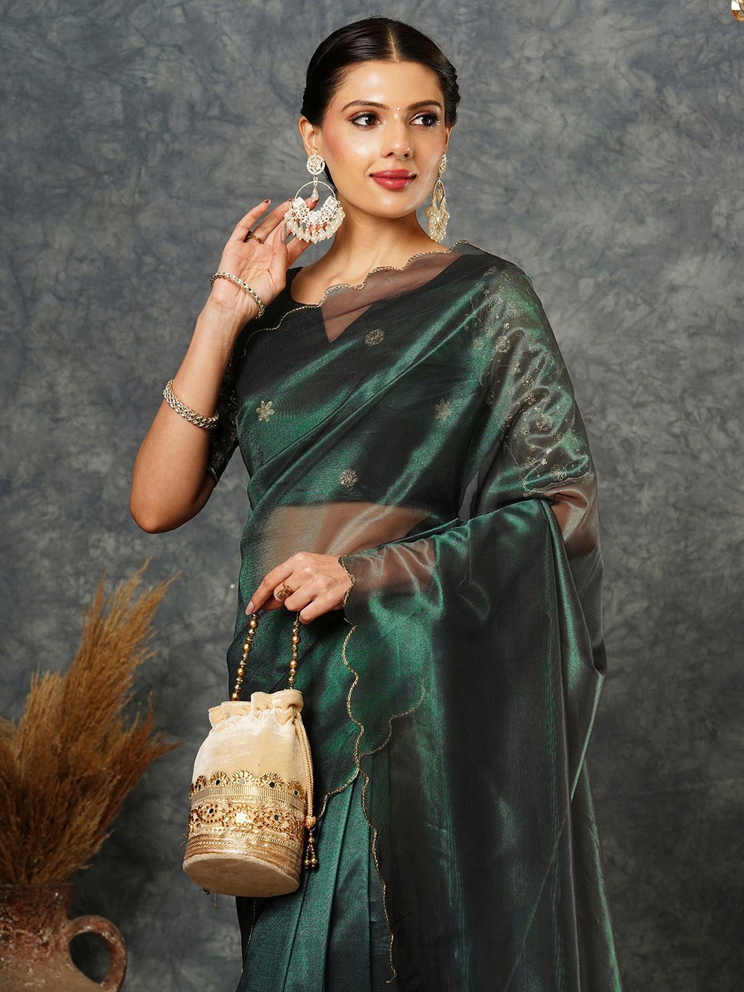 

all about youSolid Beads and Stones Net Saree, Green