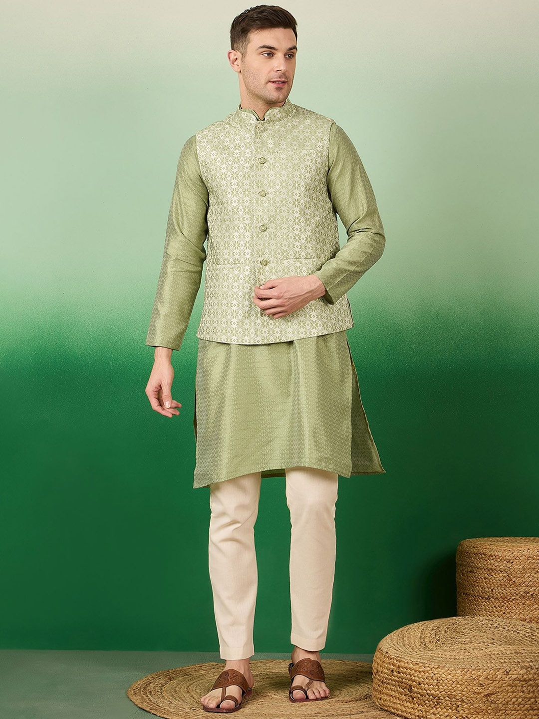 

Sangria Woven Design Zari Straight Kurta With Pyjama & Nehru Jacket, Green