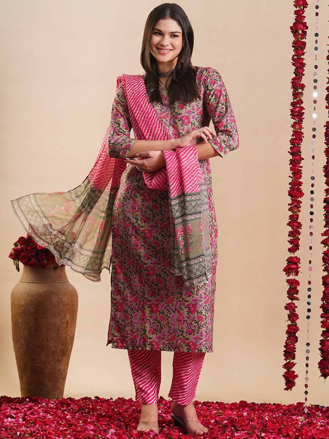 

Anni Designer Floral Printed V-Neck Regular Viscose Rayon Kurta With Trousers & Dupatta, Pink