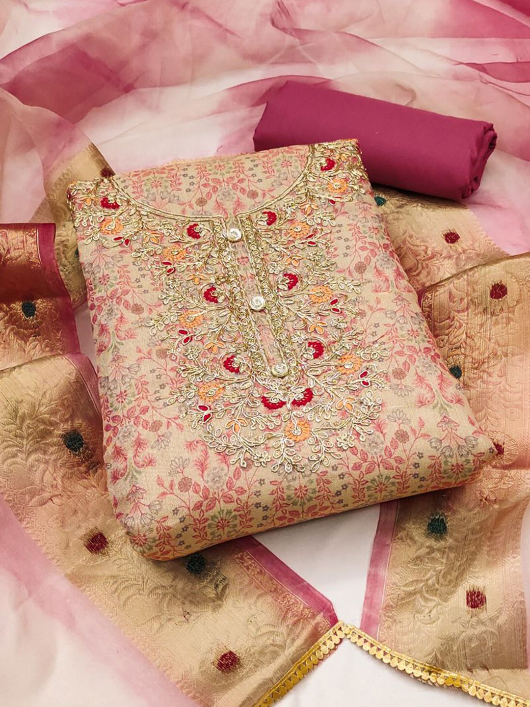 

ASISA Floral Printed Beads and Stones Unstitched Dress Material, Pink
