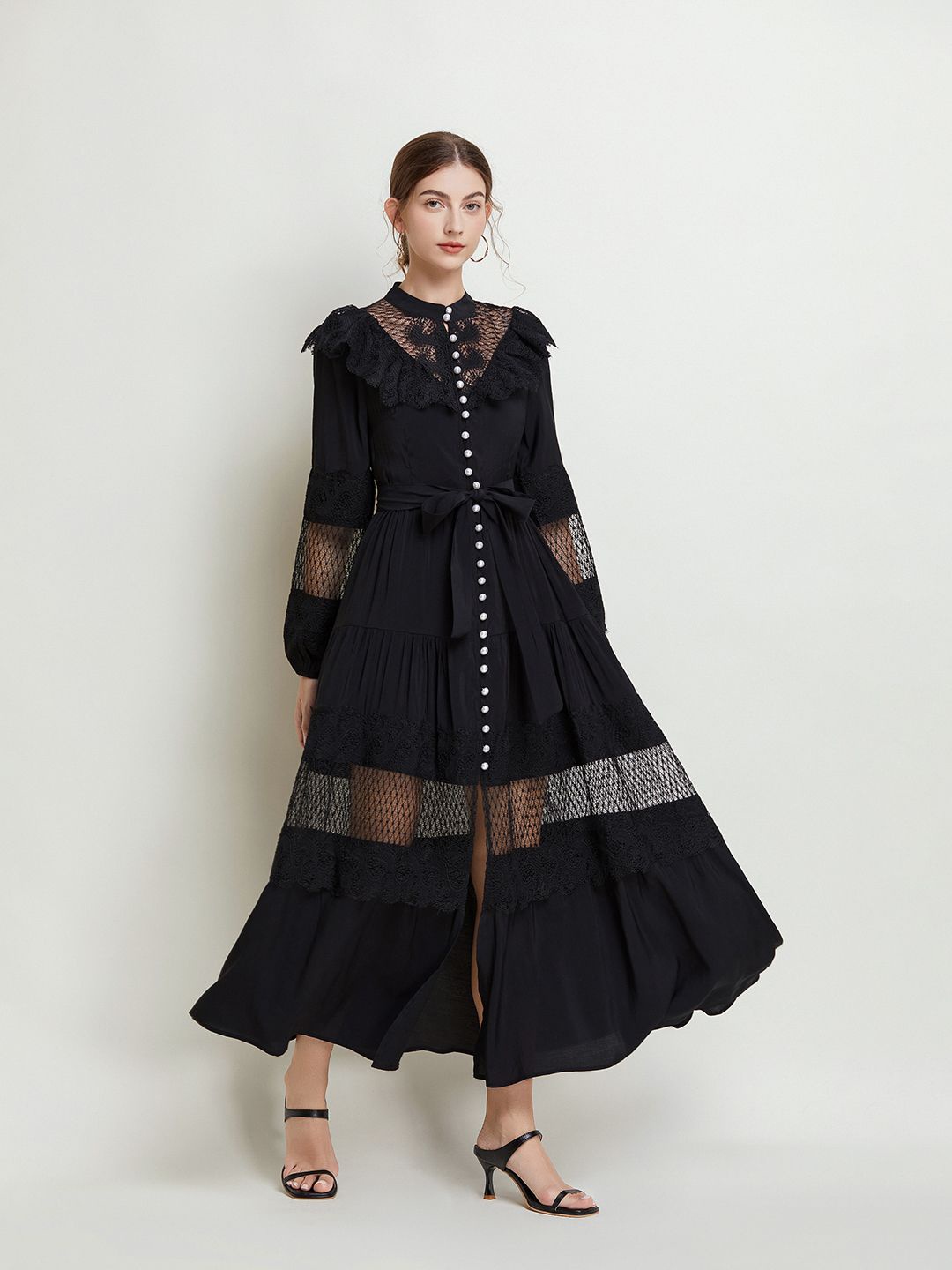 

JC Collection Women Self Design Mandarin Collar Maxi Dress, Black