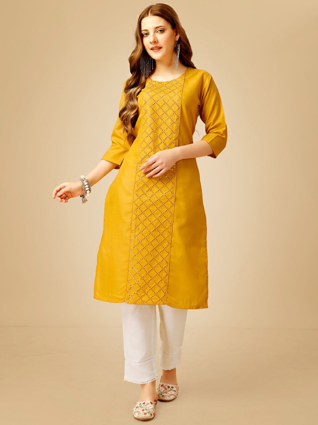

KAYOMMI Thread Work Round Neck A Line Kurta with Churidar, Yellow