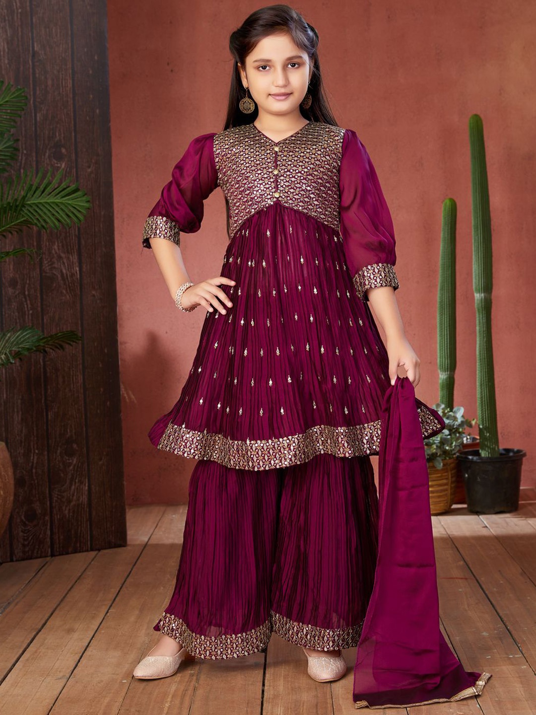 

BAESD Girls Floral Embroidered V-Neck Sequinned A-Line Kurta With Sharara & Dupatta, Purple